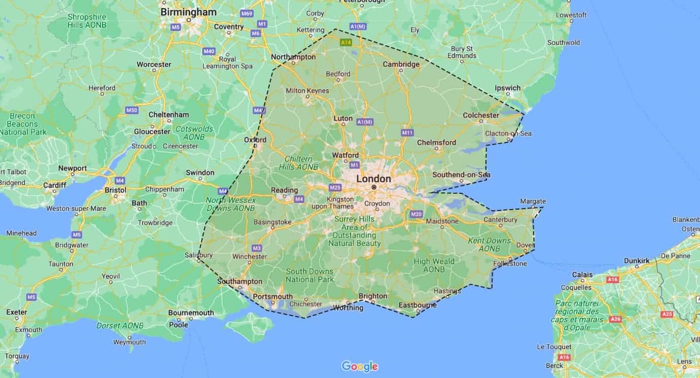 Map showing London and the southeast